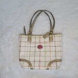Well loved Coach Peyton Tattersall Tote Ivory Gold Trim Leather